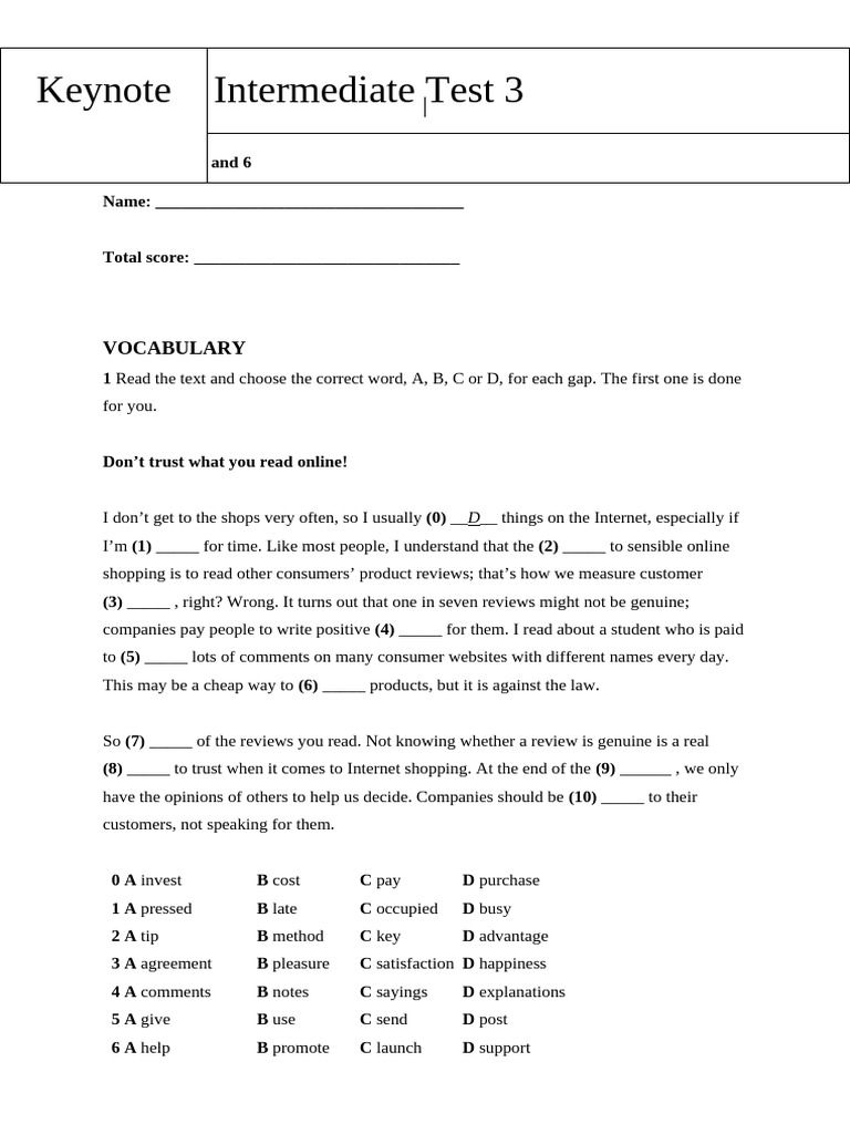 Keynote Intermediate Test3 (Word) | PDF