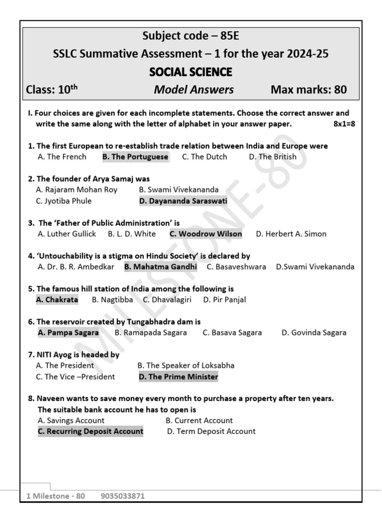 SSLC Sa - 1 Model Answers-2024 | PDF