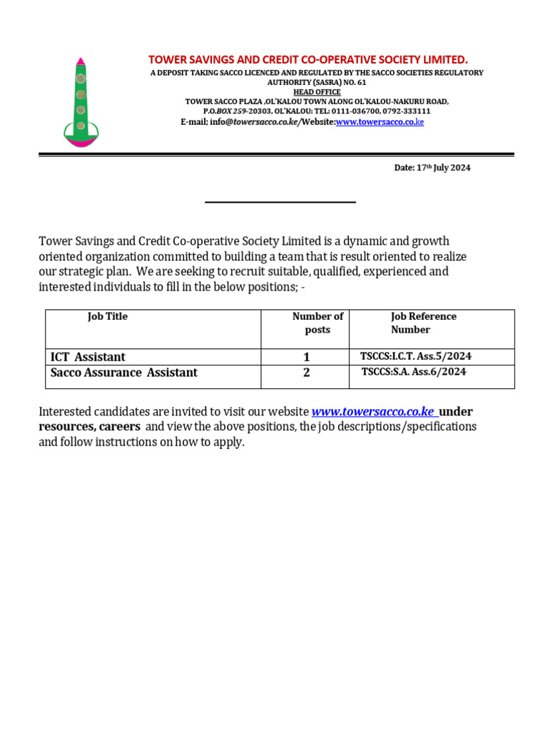 Tower Sacco Job Opportunities | PDF