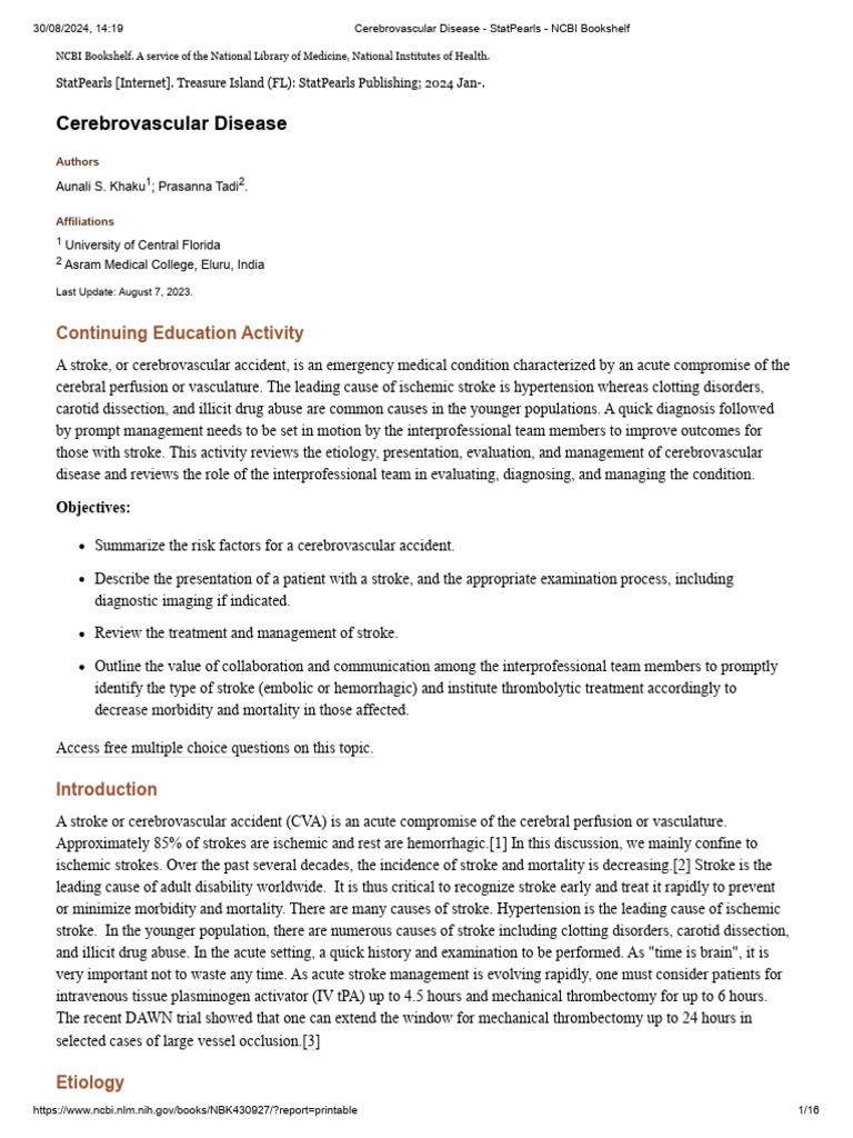 Cerebrovascular Disease - StatPearls - NCBI Bookshelf | PDF