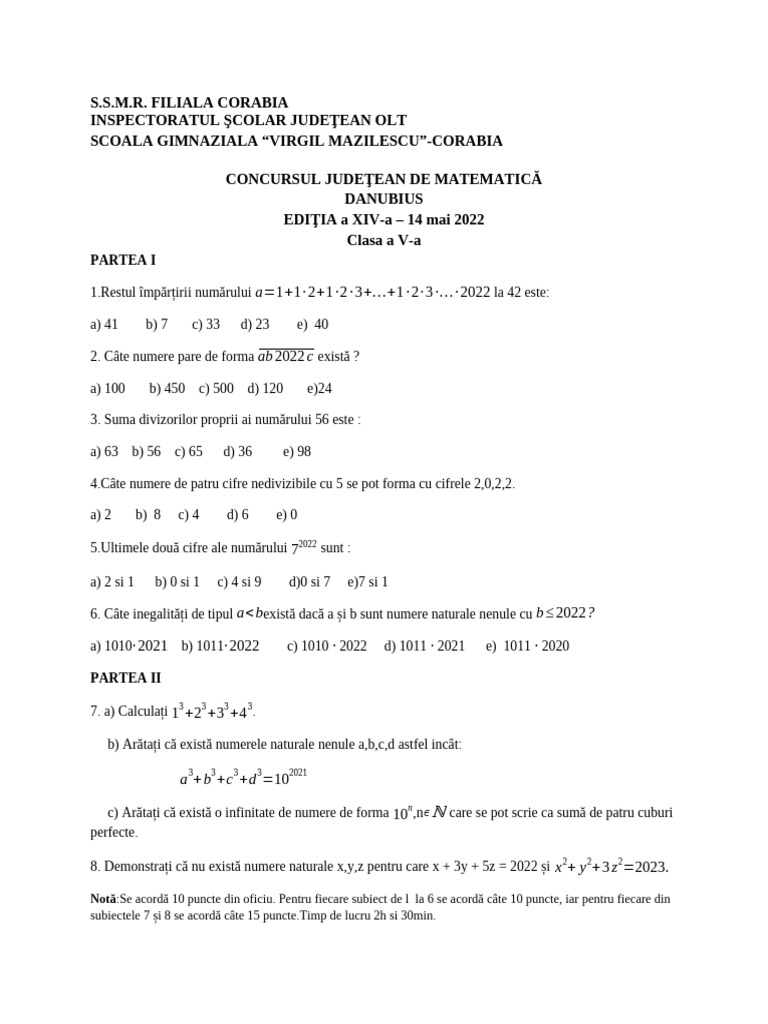 Mate - Info.Ro.5311 Subiecte Concurs Danubius - Corabia, 14.05.2022 | PDF