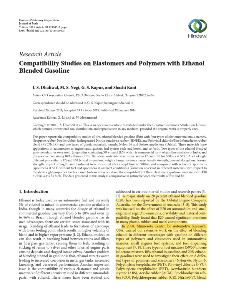 Compatibility Studies On Elastomers and Polymers With Ethanol | PDF