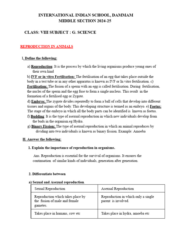 Reproduction in Animals Notes 2024-25 | PDF