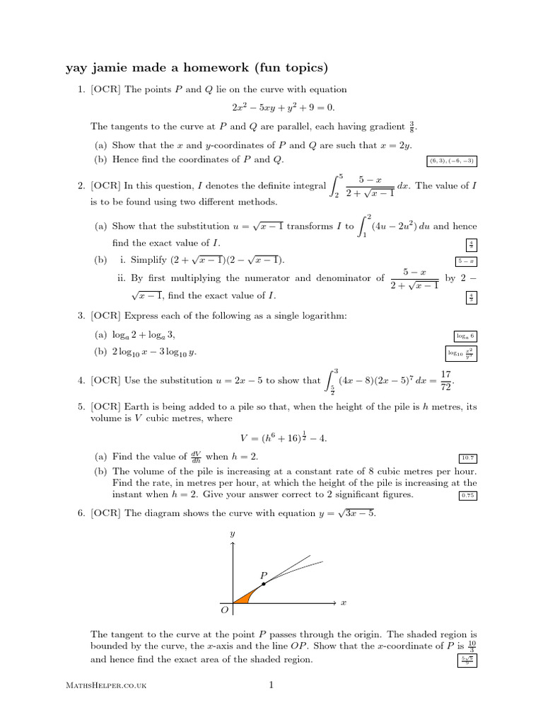 Jamie's Maths Homewwork 2 | PDF