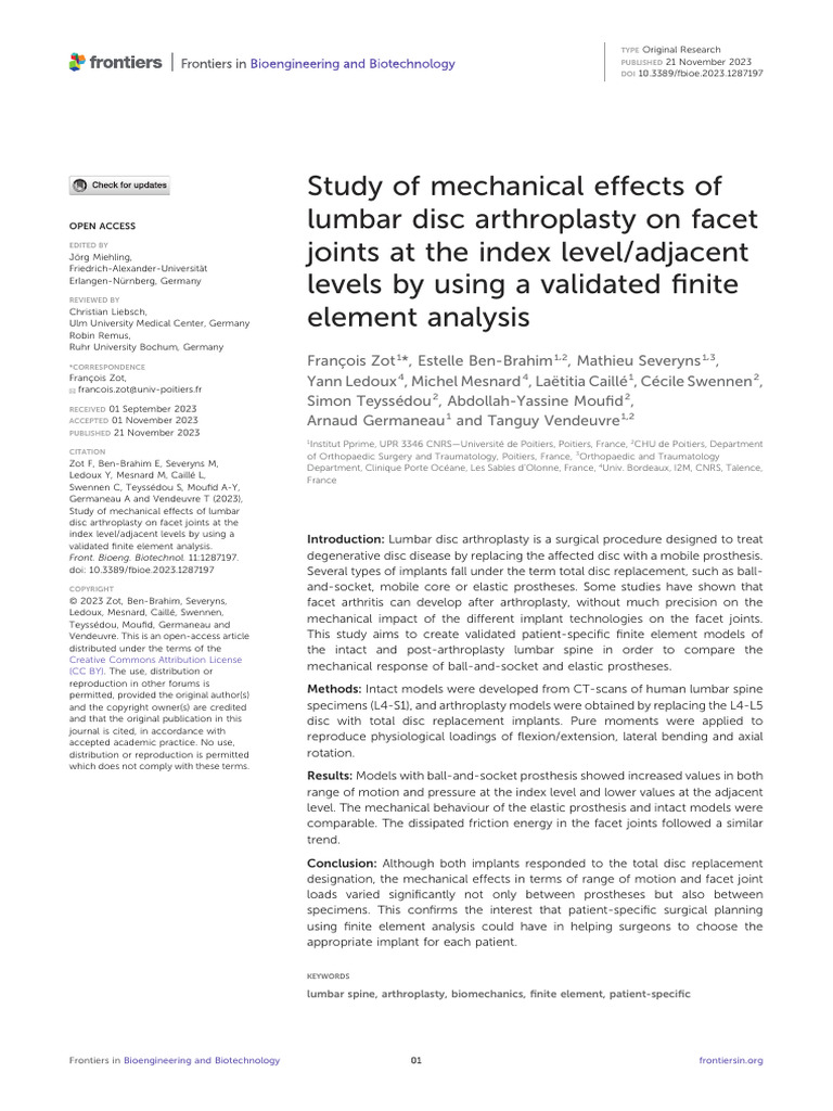 Study of Mechanical Effects of Lumbar Disc Arthroplasty On Facet Joints ...