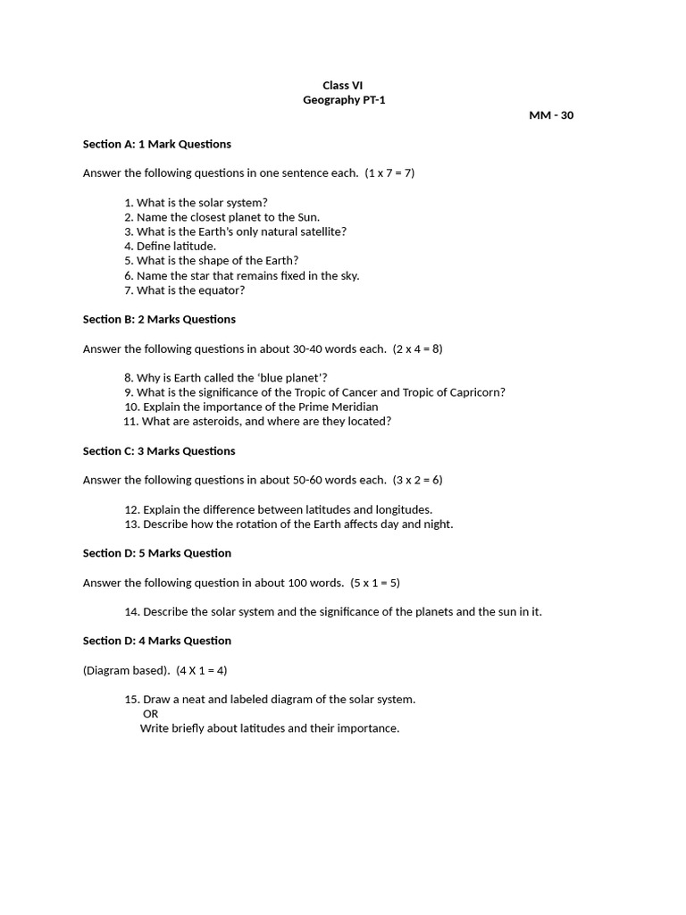 Class 6 Geography PT-1 Test Paper | PDF