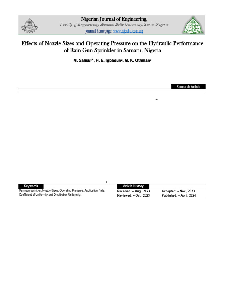 Effects of Nozzle Sizes and Operating Pressure On The Hydraulic ...
