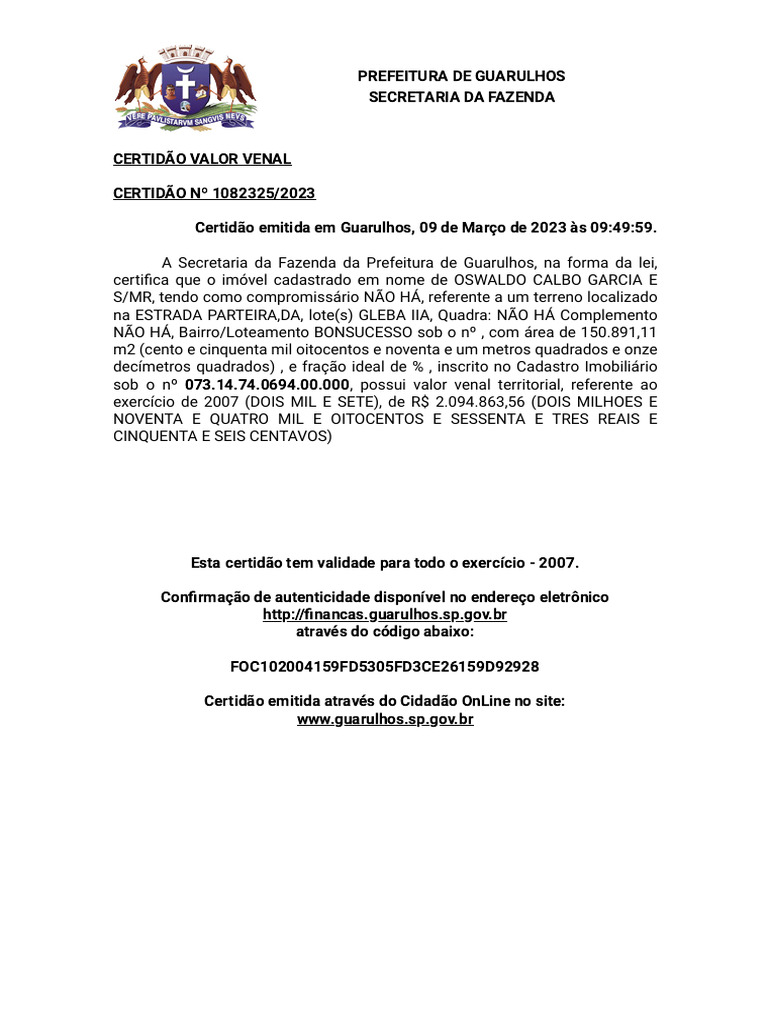 Certidão de Valor Venal Por Imóvel | PDF