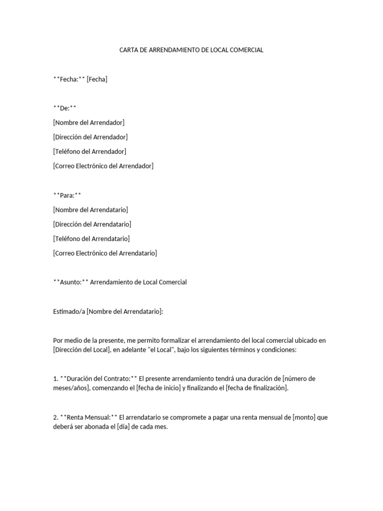 Carta de Arrendamiento de Local Comercial | PDF