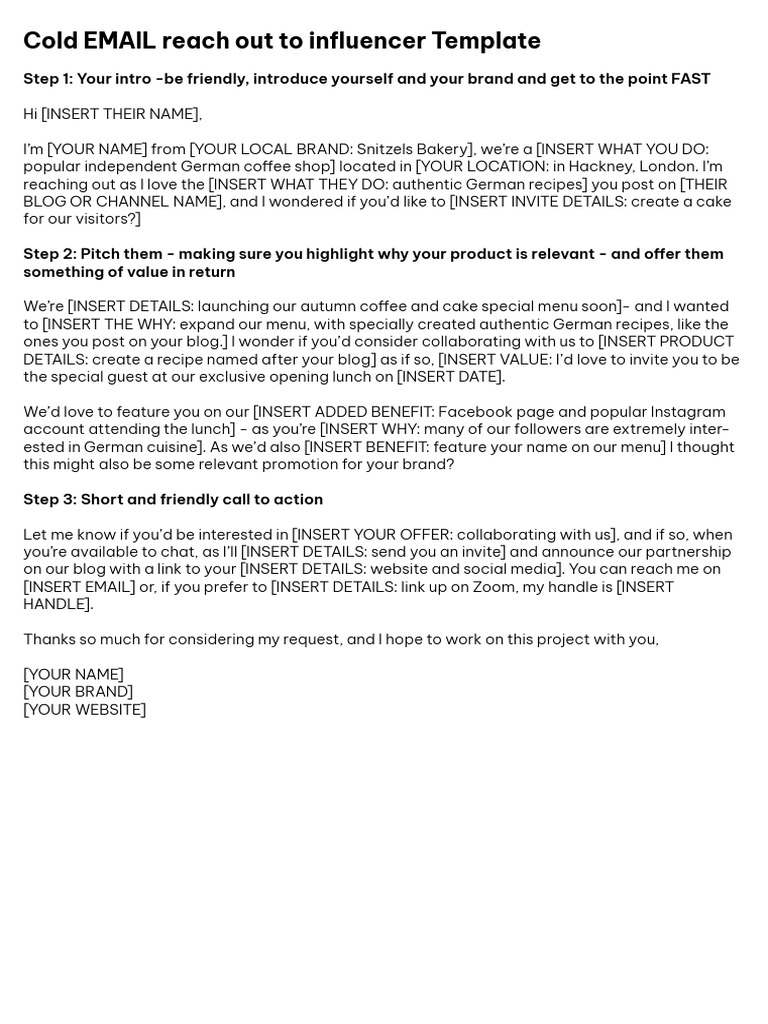 Cold EMAIL Reach Out To Influencer Template PDF Business