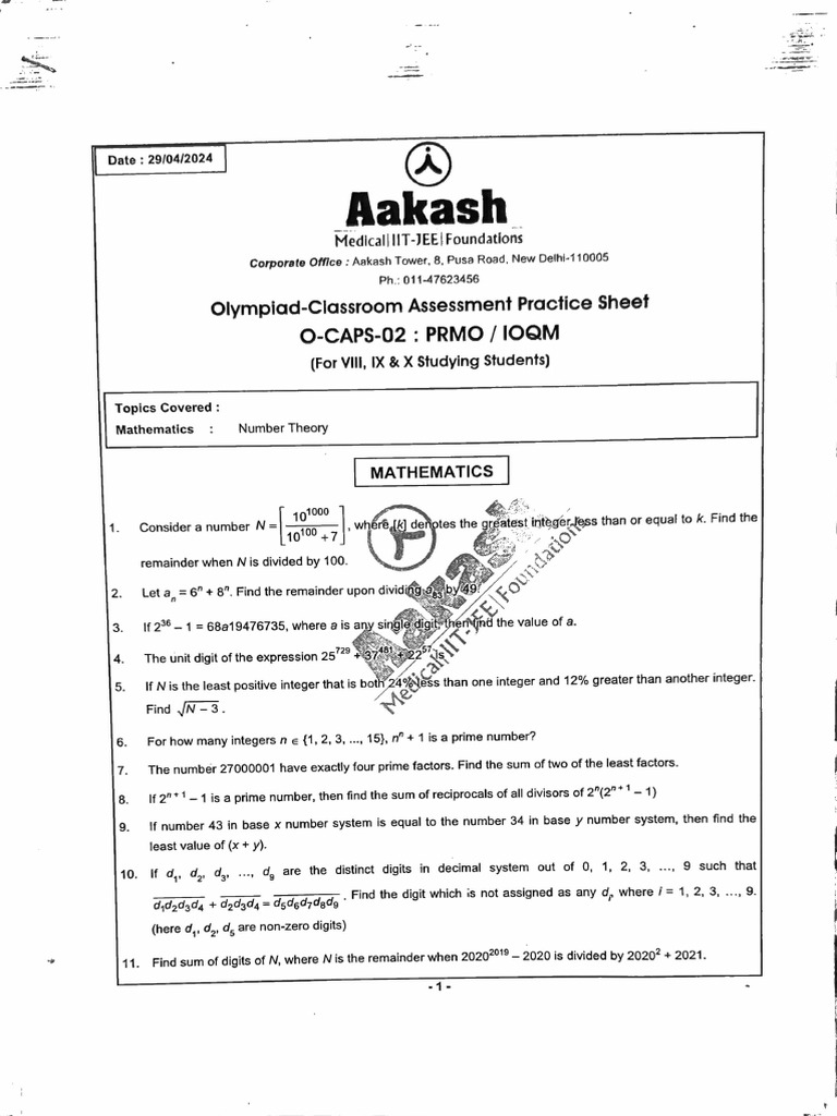 Aakash IOQM Practice Sheet for Students | PDF | Mathematical Objects ...