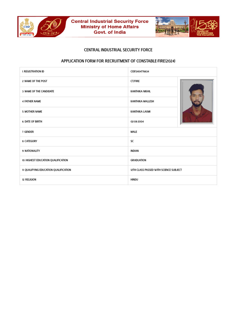 CISF Constable-Fire Recruitment Form 2024 | PDF