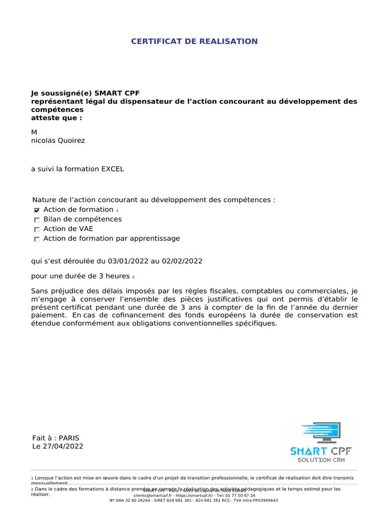 CERTIFICAT DE REALISATION-82154987-nicolas Quoirez | PDF
