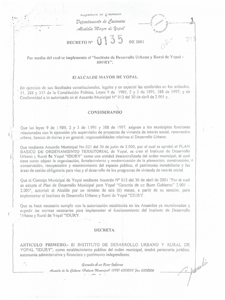 DECRETO No. 0135 DE 2001 (IDURY) | PDF