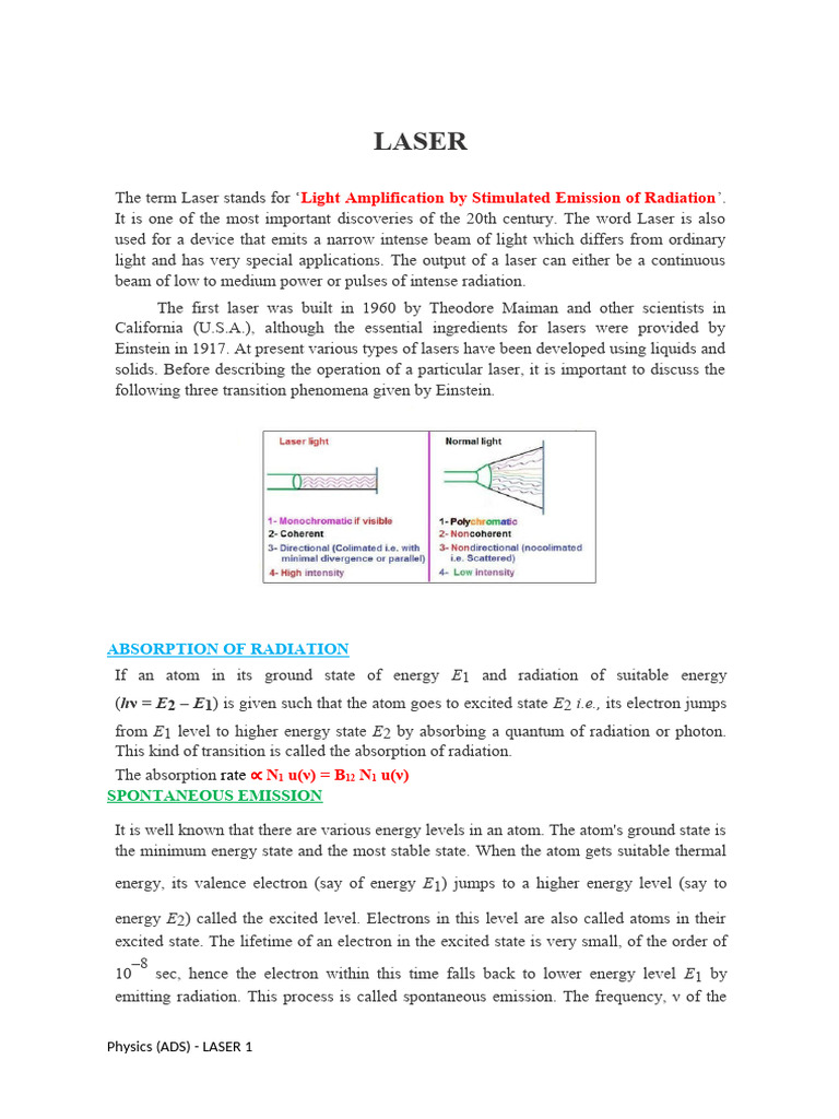 LASER Basics and Application | PDF
