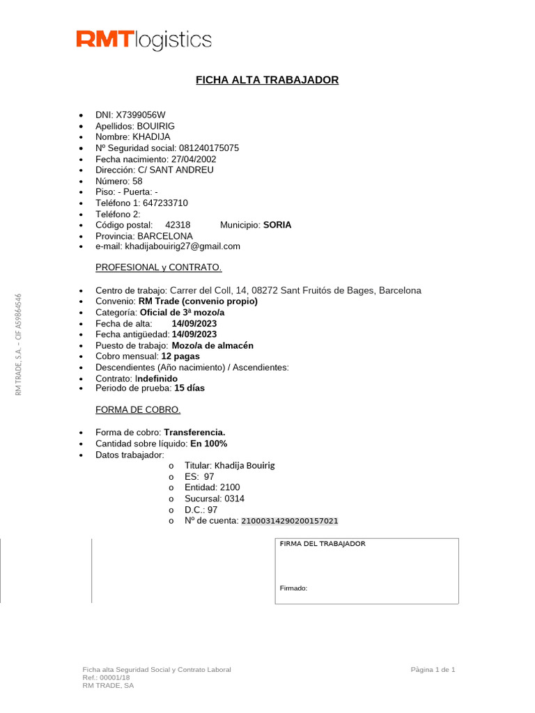 Alta de Trabajador en RM Trade S.A. | PDF