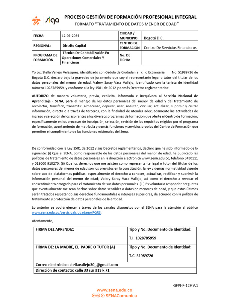 GFPI-F-129 - Formato - Tratamiento - de - Datos - Menor - de - Edad 1 | PDF