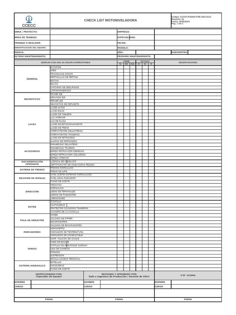 CCC07-P20000-FOR-SEG-0115 Check List Motoniveladora | PDF