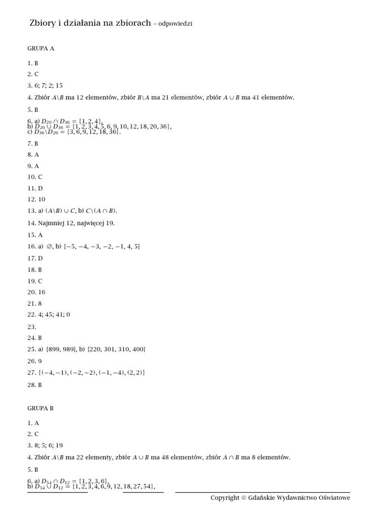 Matematyka Z Plusem Klasa 1 Matematyka Z Plusem 1 ZP 6. Zbiory I Działania Na Zbiorach - Odp | PDF