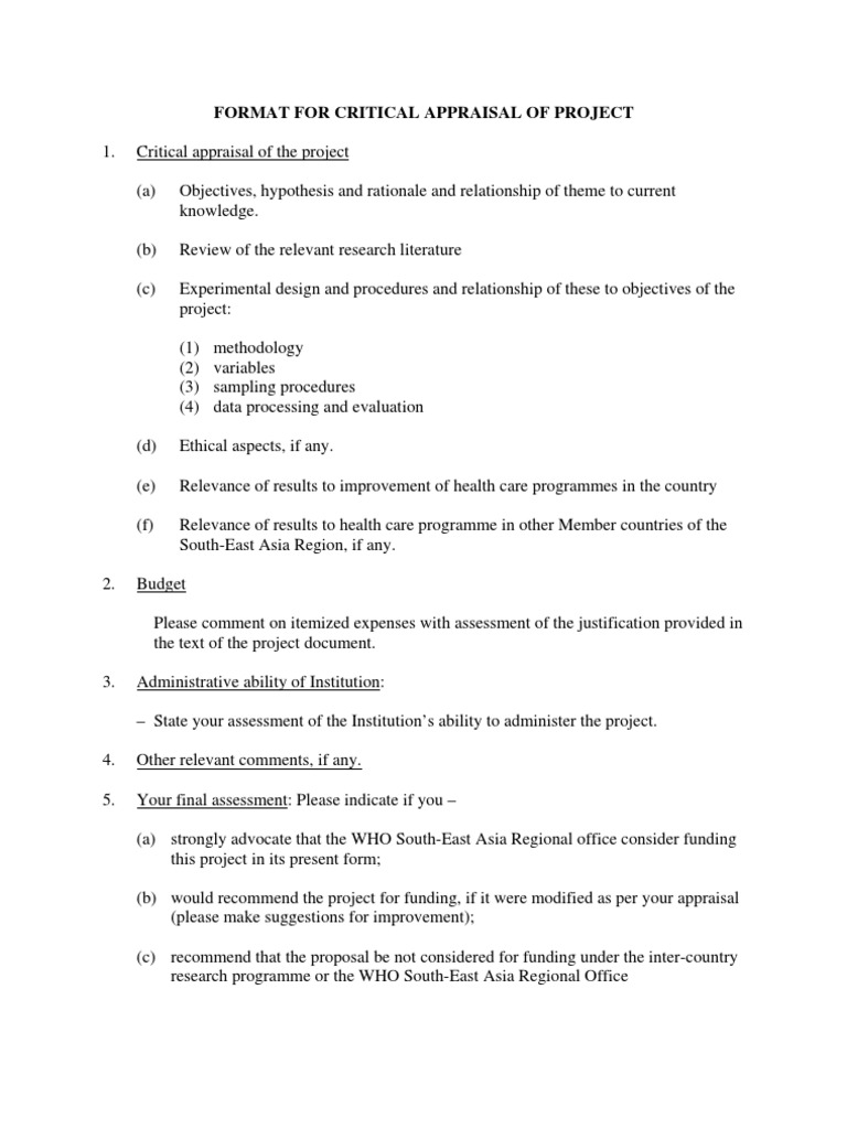 Technical Documents Format Critical Appraisal Project For Reviewer ...