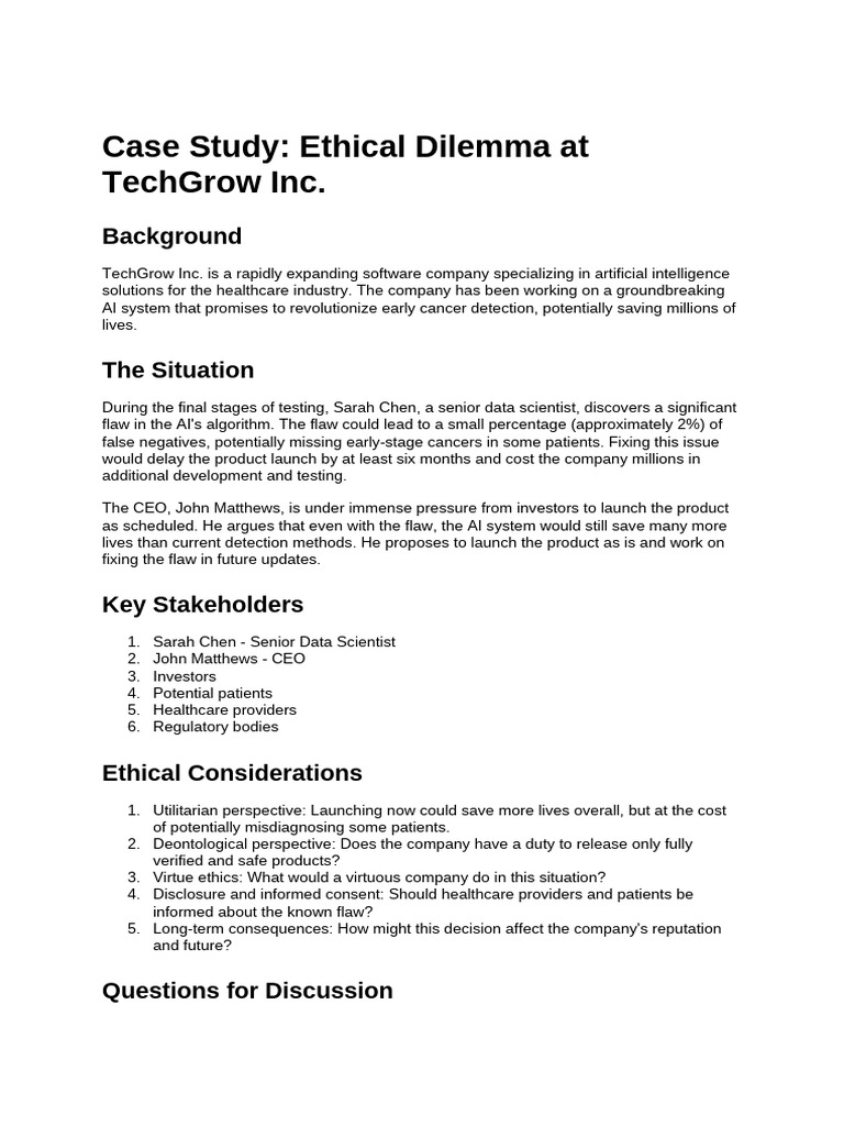 Case Study - Ethical Dilemma at TechGrow Inc. | PDF