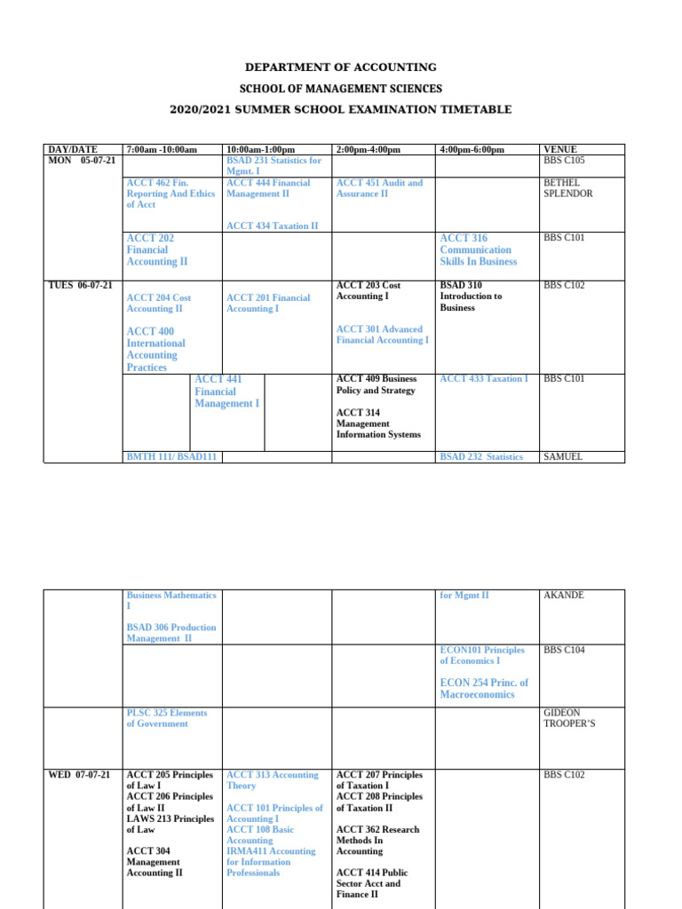 2020.2021 Summer Examination Timetable - Department of Accounting | PDF