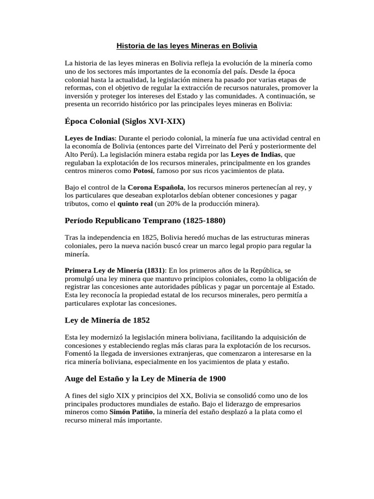 Evolución de la Ley Minera en Bolivia | PDF | Minería | Bolivia