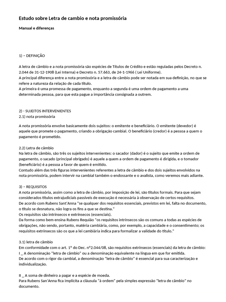 Estudo Sobre Letra de Cambio e Nota Promissória 2016 | PDF