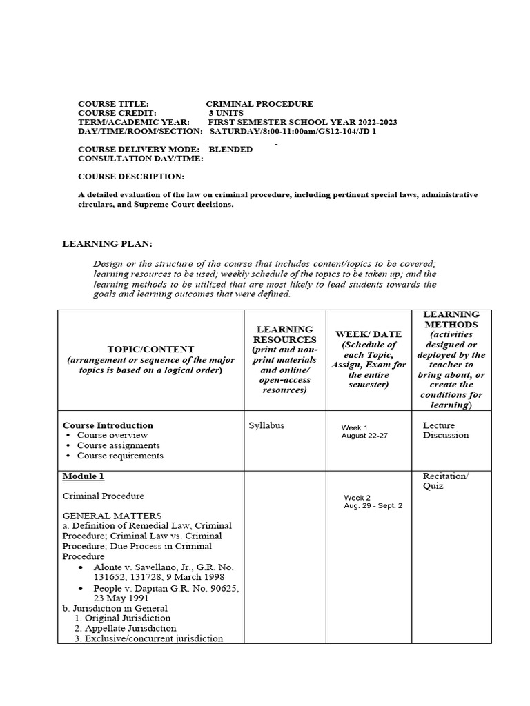 Crim Pro Syllabus 2022 2023 1st Sem Pdf