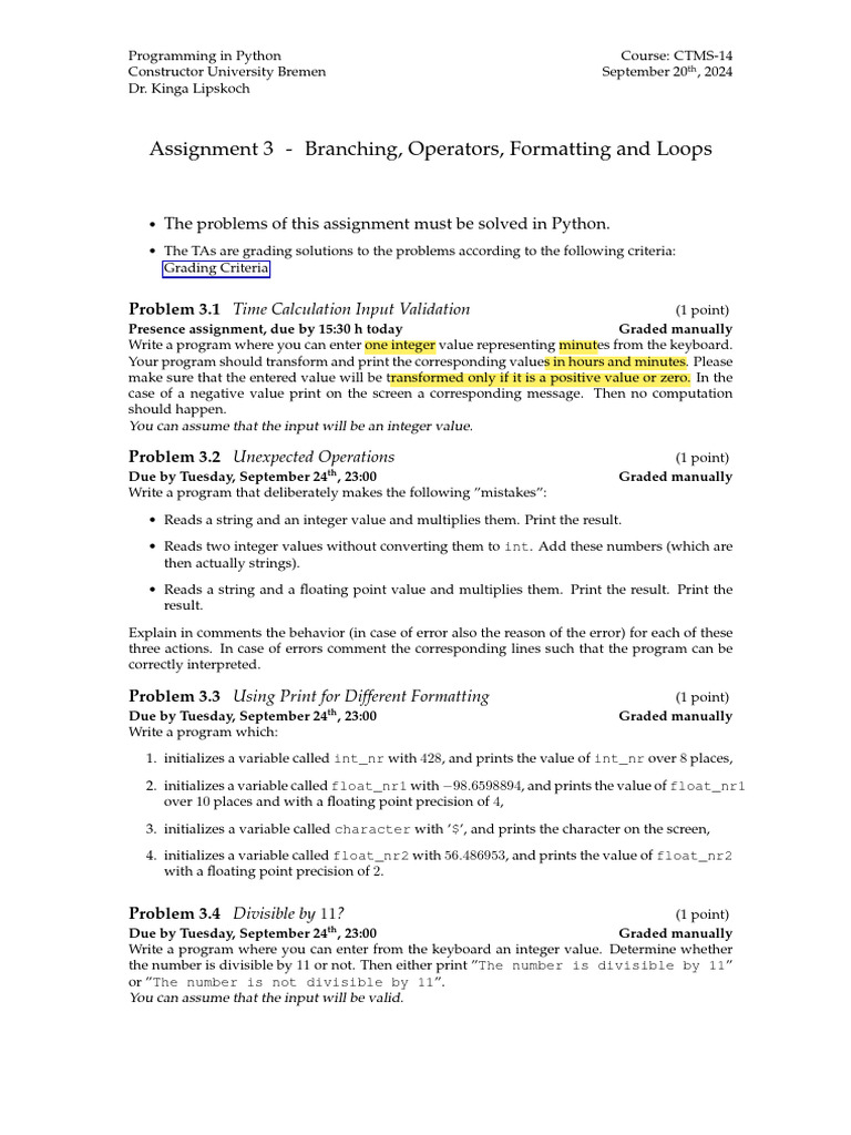 Assignment 3 - Branching, Operators, Formatting and Loops: The Problems ...