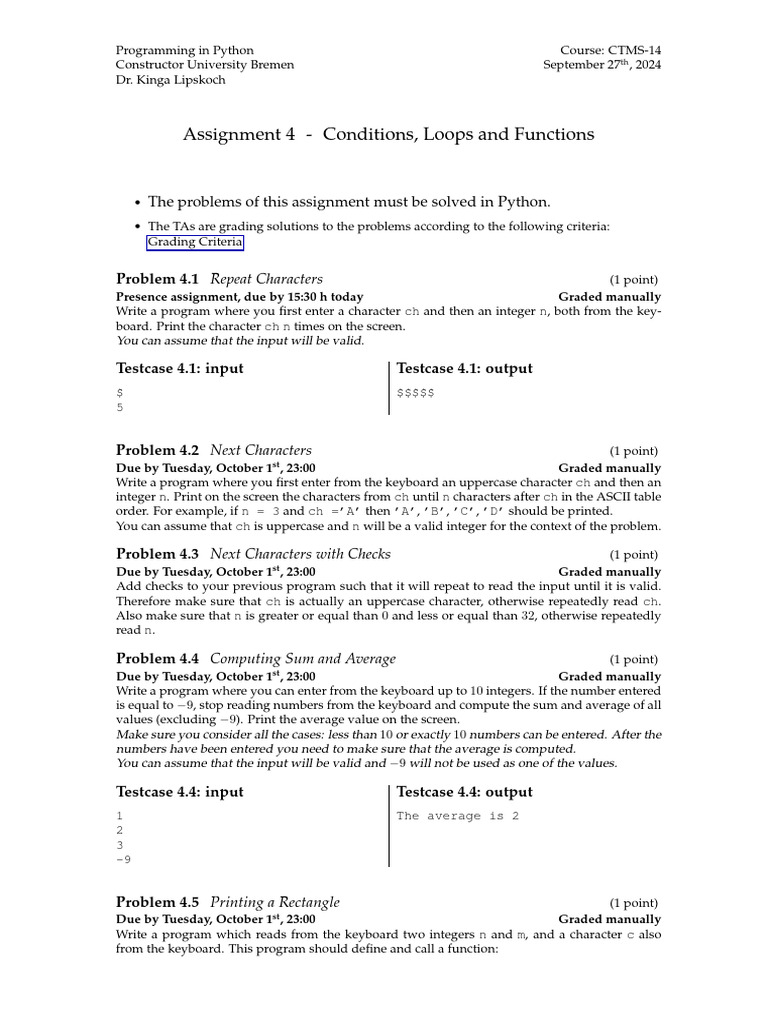Assignment 4 - Conditions, Loops and Functions: The Problems of This ...