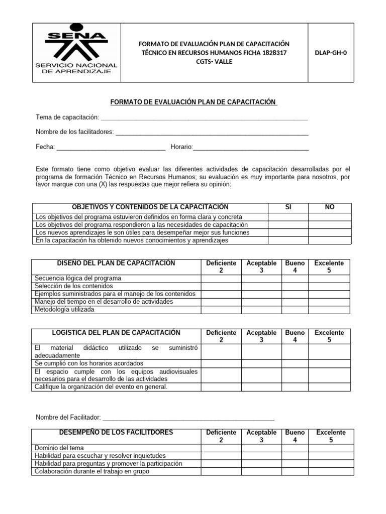 Formato de Evaluación Plan de Capacitación | PDF