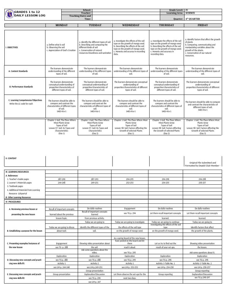 DLL - Science 4 - Q4 - W1 | PDF