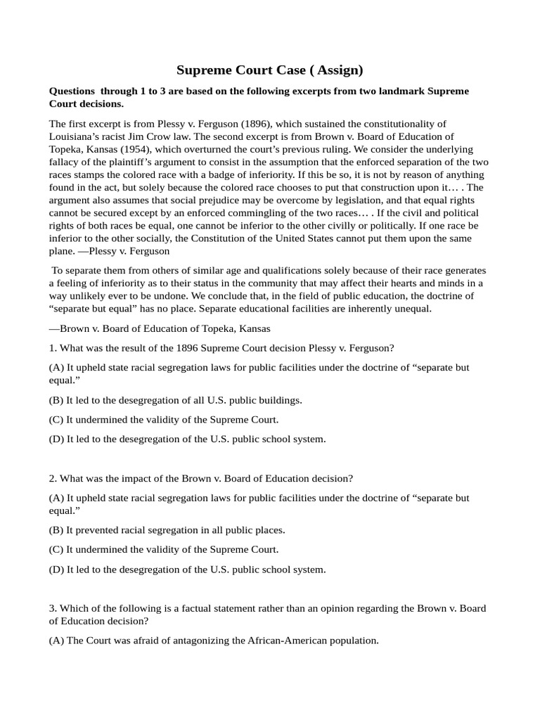 Supreme Court Case (Question) | PDF | Brown V. Board Of Education ...