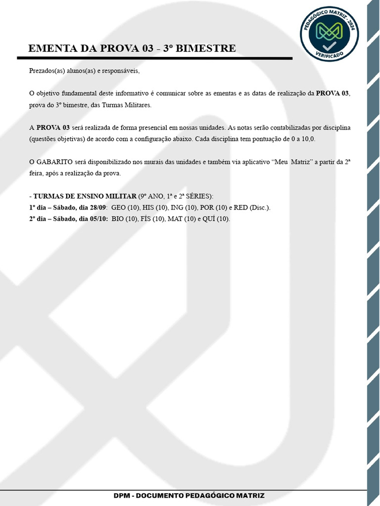 EMENTA - PROVA 03 - 9ºe MédioMil | PDF