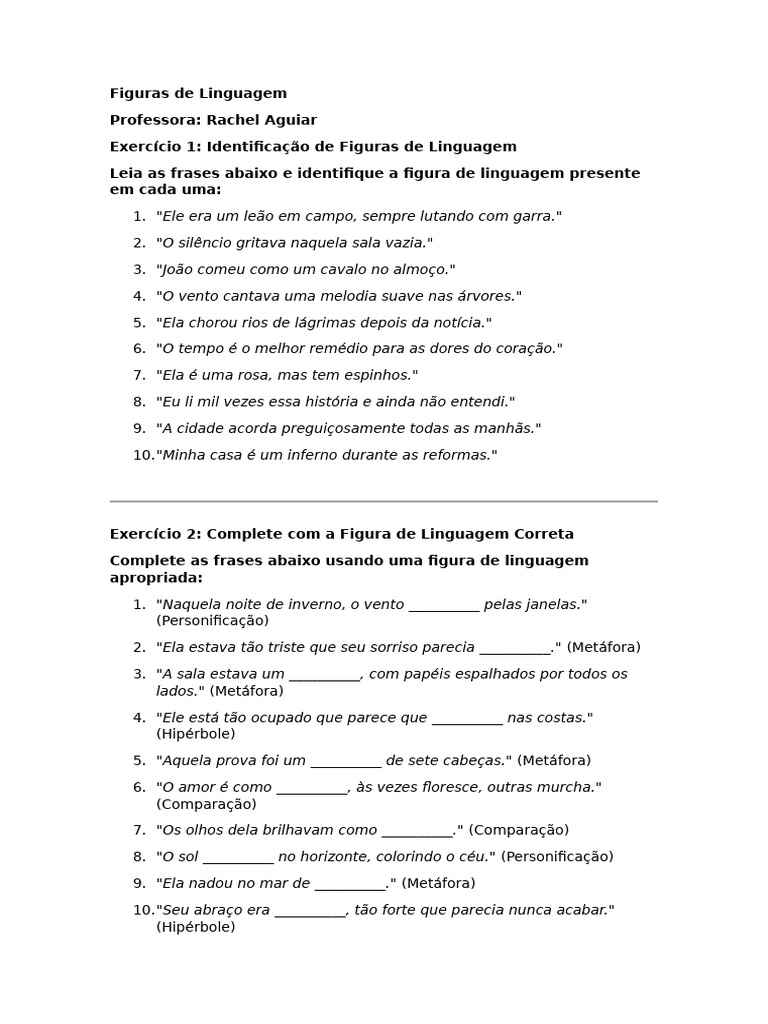 Exercício. Figuras de Linguagem Sem Gabarito | PDF
