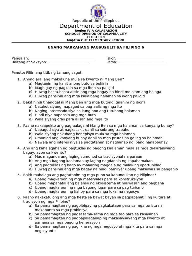 First Periodical Test In Filipino 6 2024 2025 Pdf