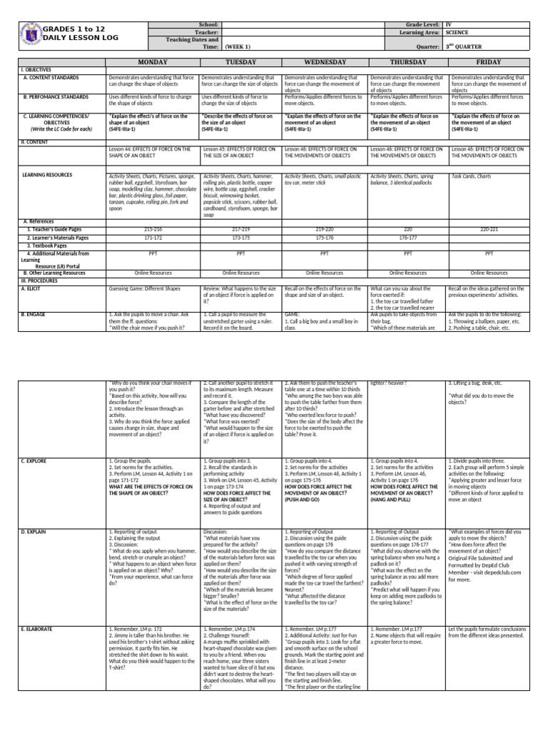 Grade 4 Science Daily Lesson Plan | PDF | Force