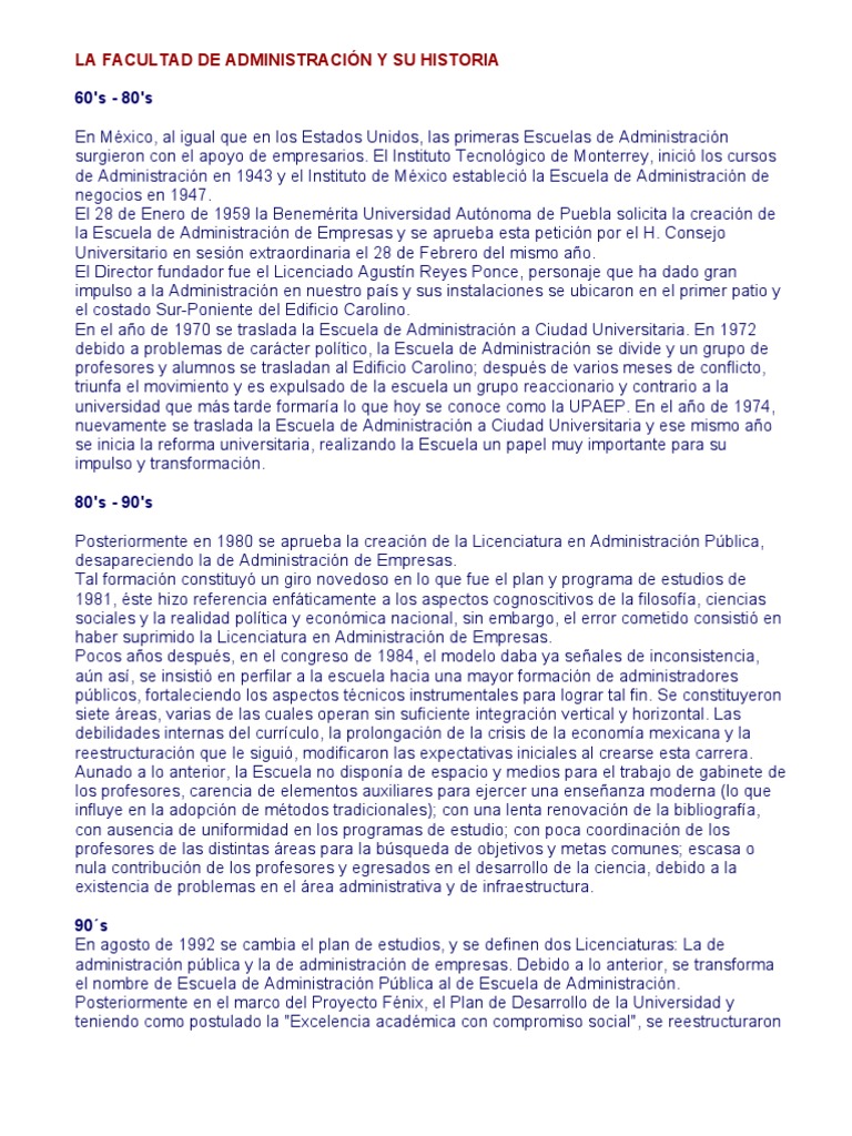 La Facultad de Administración y Su Historia | PDF | Plan de estudios ...