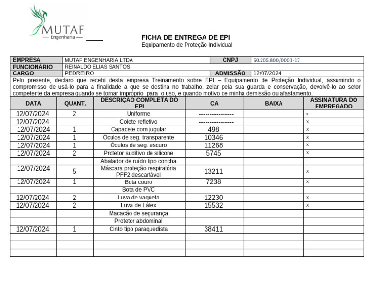 Ficha de Epi - Reinaldo Elias Santos | PDF
