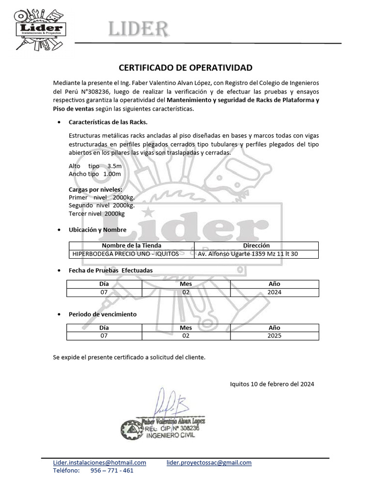 Certificado de Operatividad | PDF