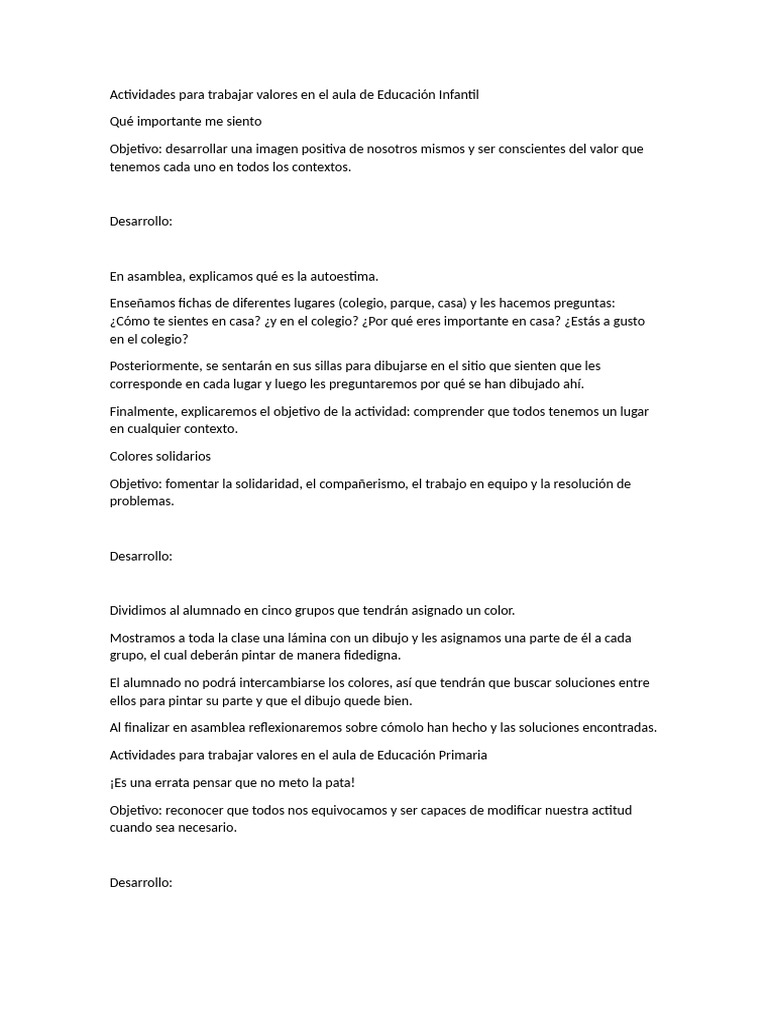 Actividades para Trabajar Valores en El Aula de Educación Infantil | PDF