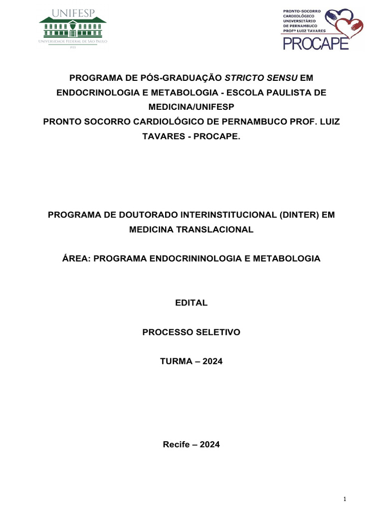 Edital Unifesp - Procape 05.02.2024 | PDF