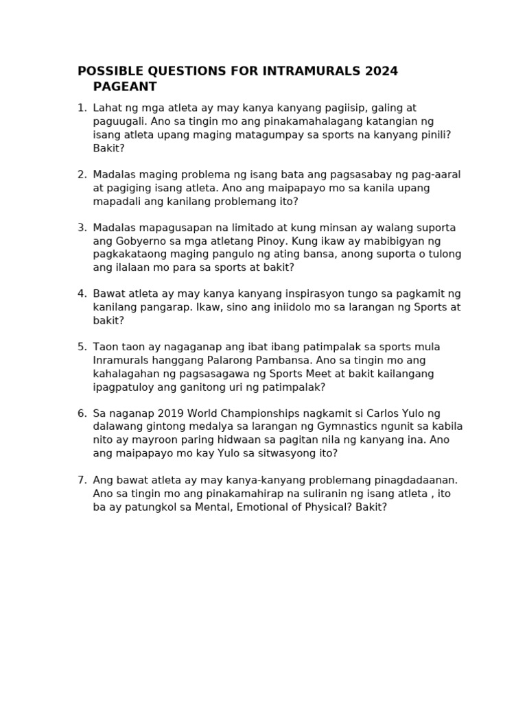 Possible Questions For Intramurals 2024 Pageant | PDF