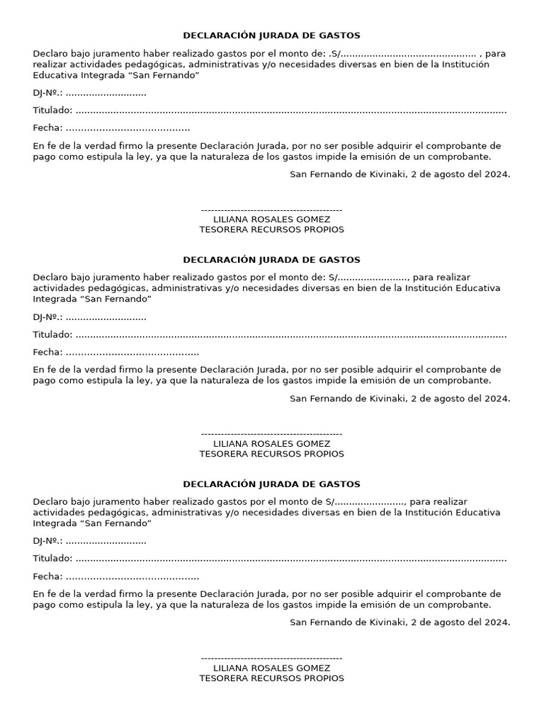 Declaración Jurada de Gastos | PDF