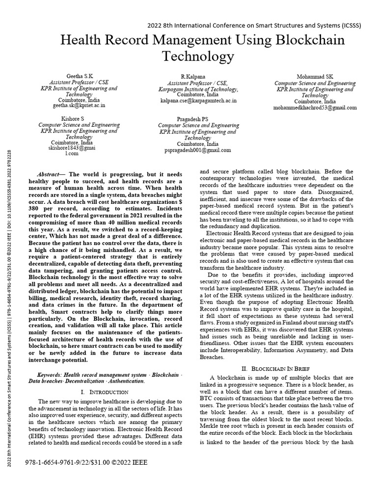 Health Record Management Using Blockchain Technology | PDF