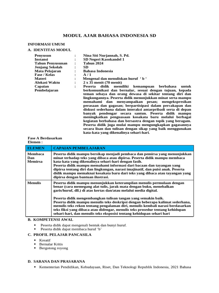 Modul Ajar Kelas 1 SD Mapel B. Indonesia Nina | PDF