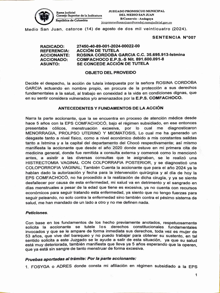 Sentencia 007 de Tutela 2024-00022 | PDF