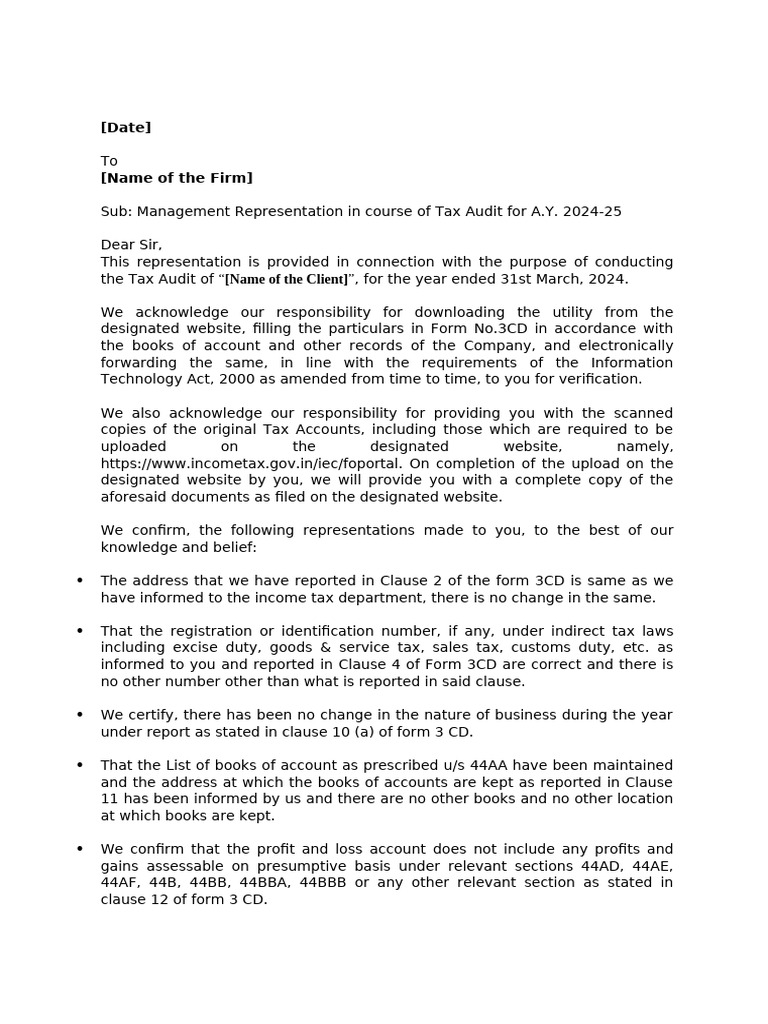 Management Representation for Tax Audit 2024-25 | PDF | Expense | Business