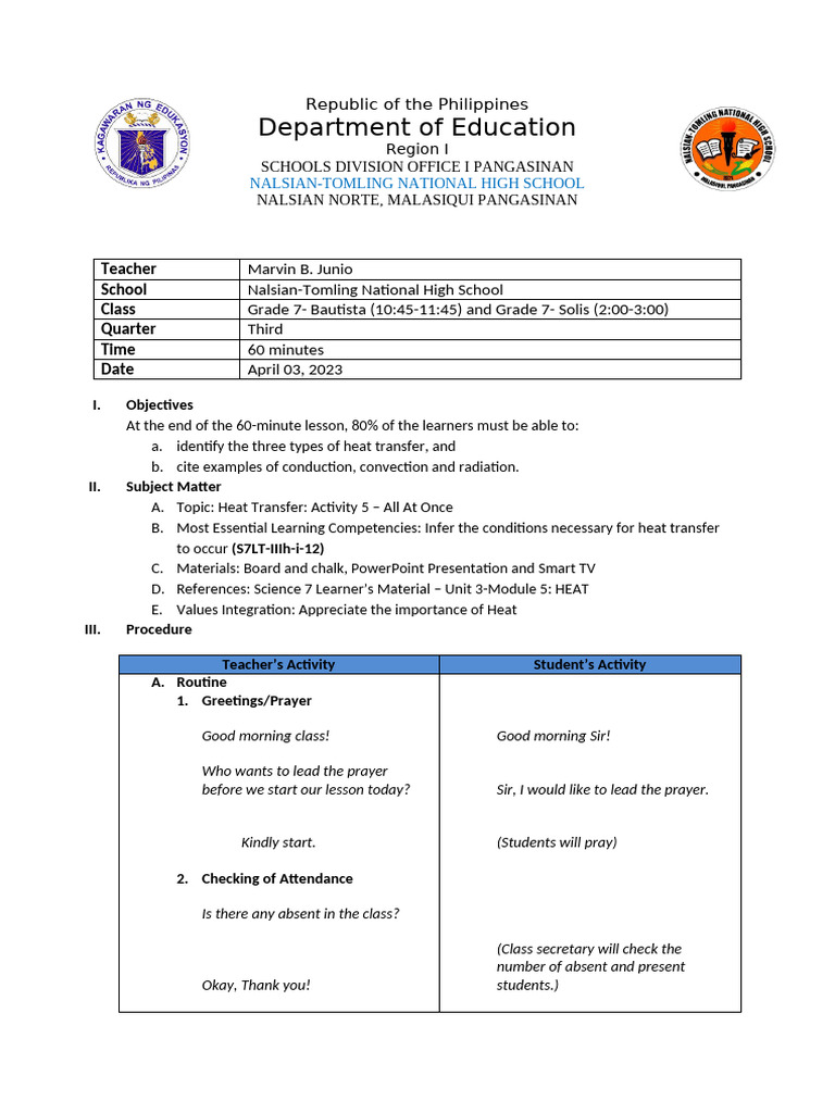 DLP SCIENCE GRADE 7 Activity On Heat Transfer | PDF